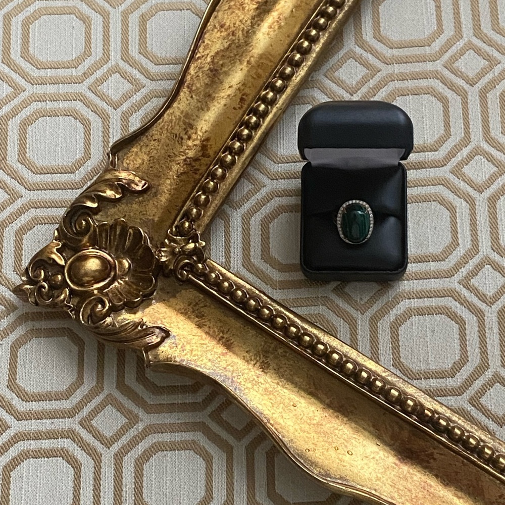 1980s Malachite 14kt Gold Ring With .50ct Diamonds, Approximate Size 7.5 - 8.5 - Picture 9 of 15
